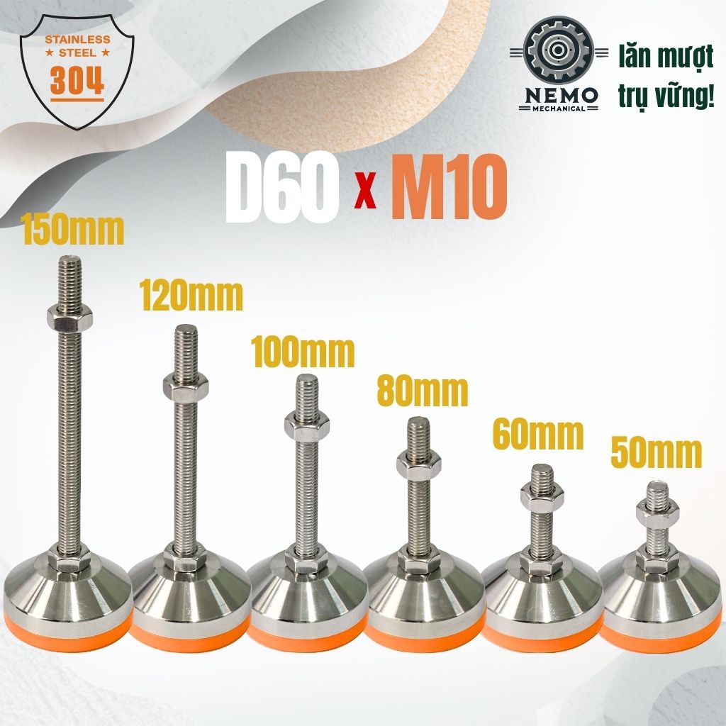 Chân Tăng Chỉnh Inox 304 Ren M10 – Chống Gỉ Tuyệt Đối, Đế Bát Dày Chịu Tải Nặng